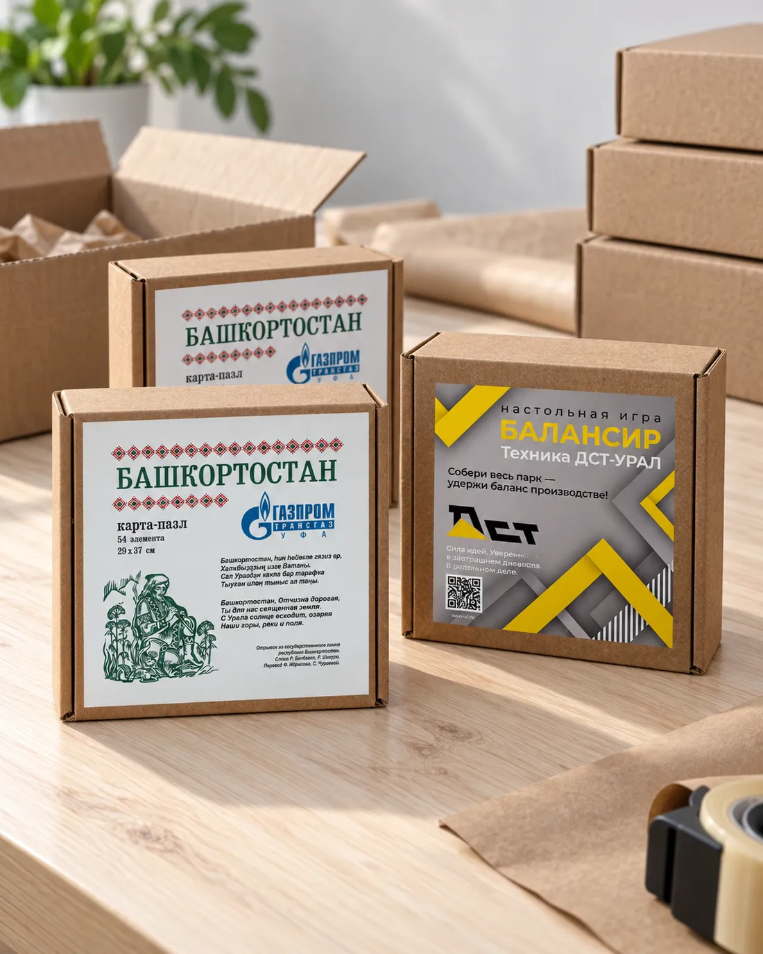 Иллюстрация подготовки к отправке коробок карты-пазла и балансира ДСТ-УРАЛ